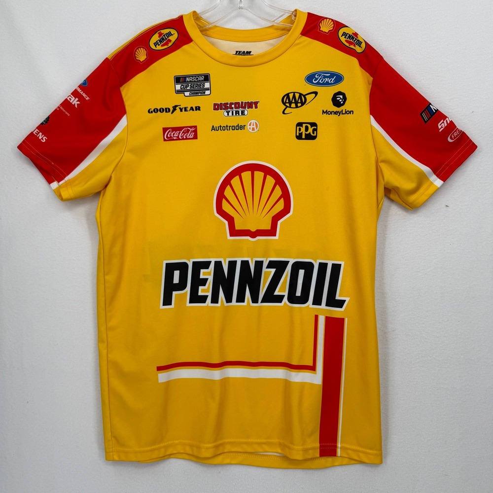 Team Penske Joey Logano NASCAR Racing Shirt Mens Medium Yellow Shell Pennzoil